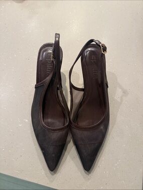 Brown Mesh Pointed-Toe Slingback Pumps